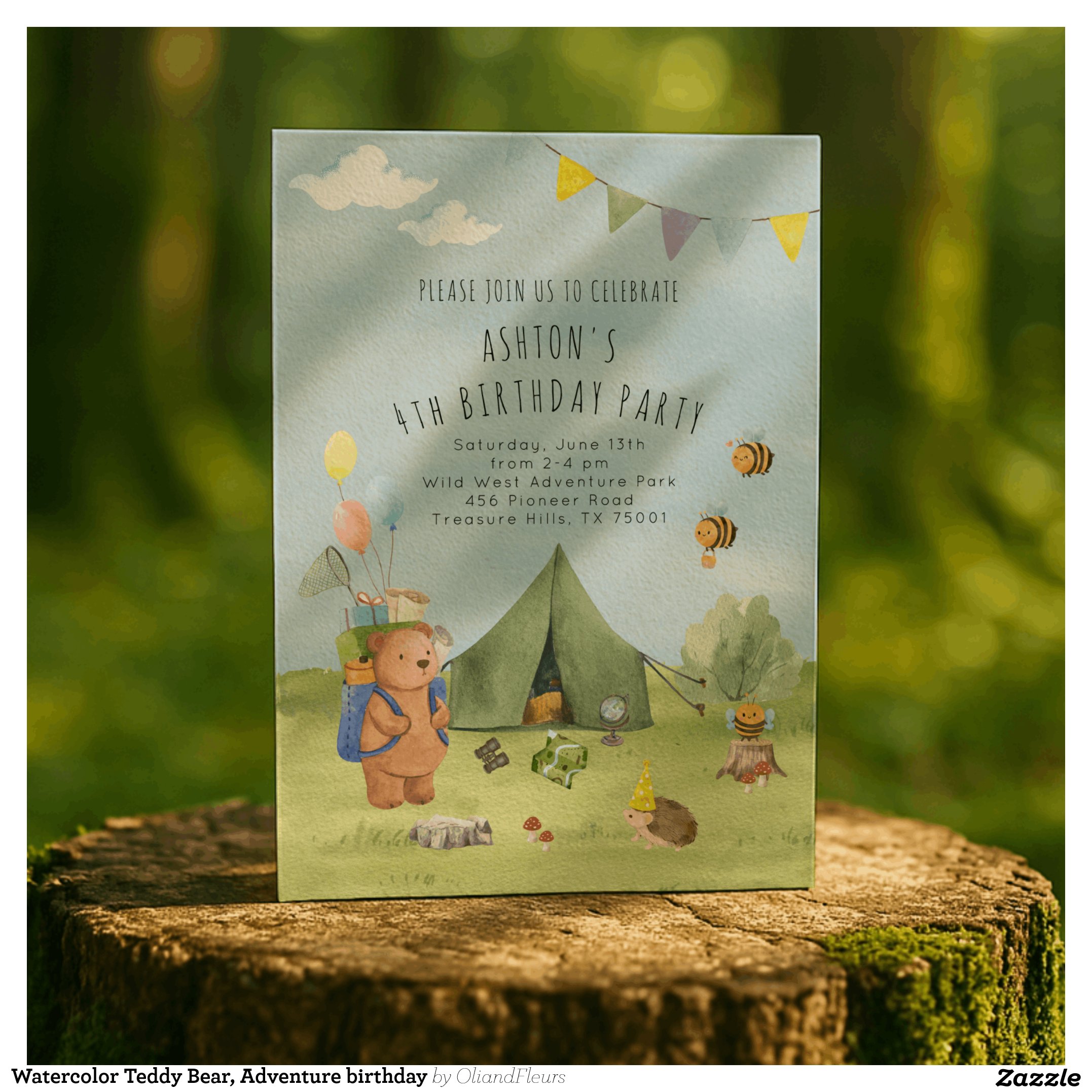 Watercolor Teddy Bear, Adventure birthday Invitation