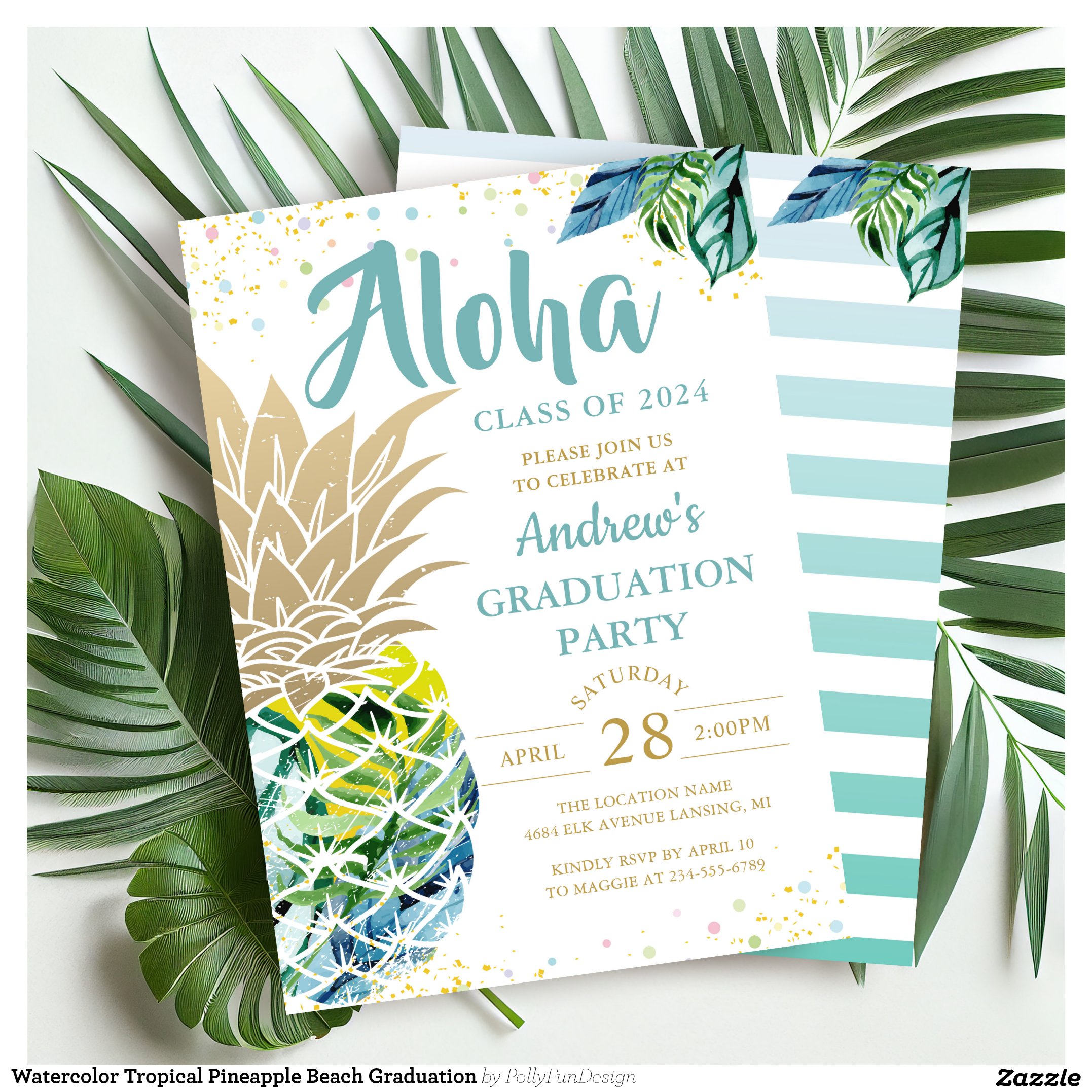 Watercolor Tropical Pineapple Beach Graduation Invitation
