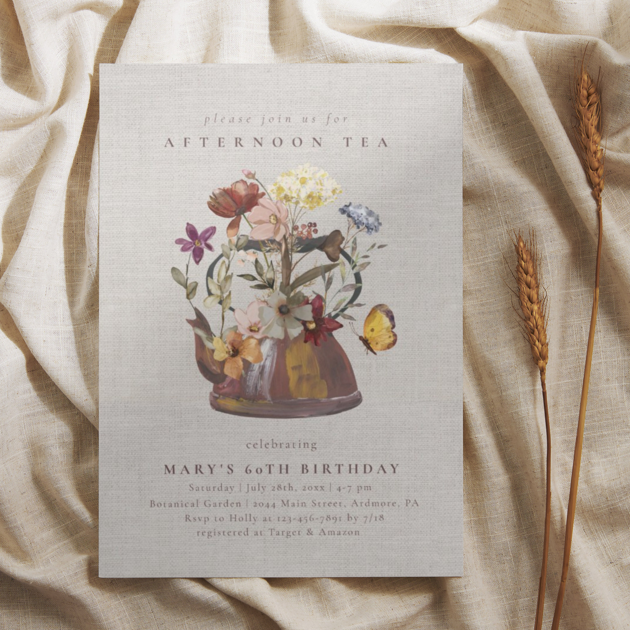 Watercolor Wildflower Tea Party Birthday Invitation