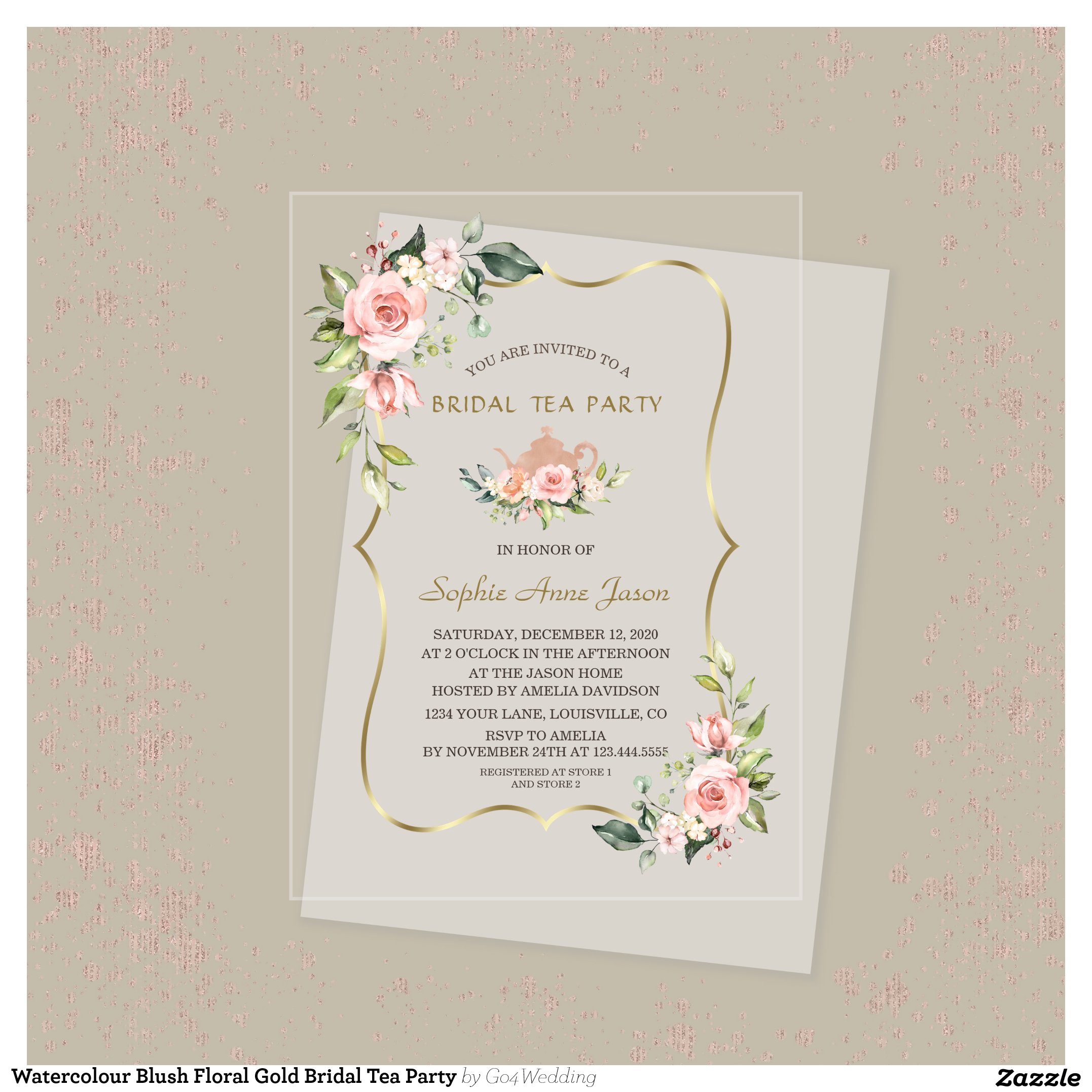 Watercolour Blush Floral Gold Bridal Tea Party Acrylic Invitations
