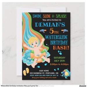 Waterslide birthday invitation Boy pool party fun