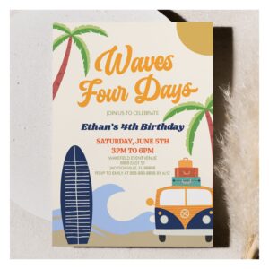 Waves Four Days Beach Surf 4th Birthday Party Invitation
