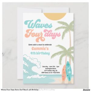 Waves Four Days Retro Surf Beach 4th Birthday Invitation
