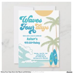 Waves Four Days Retro Surf Beach 4th Birthday Invitation