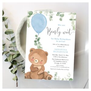 We can bearly wait boy baby shower balloon invitation