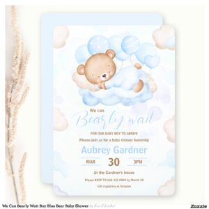 We Can Bearly Wait Boy Blue Bear Baby Shower Invitation