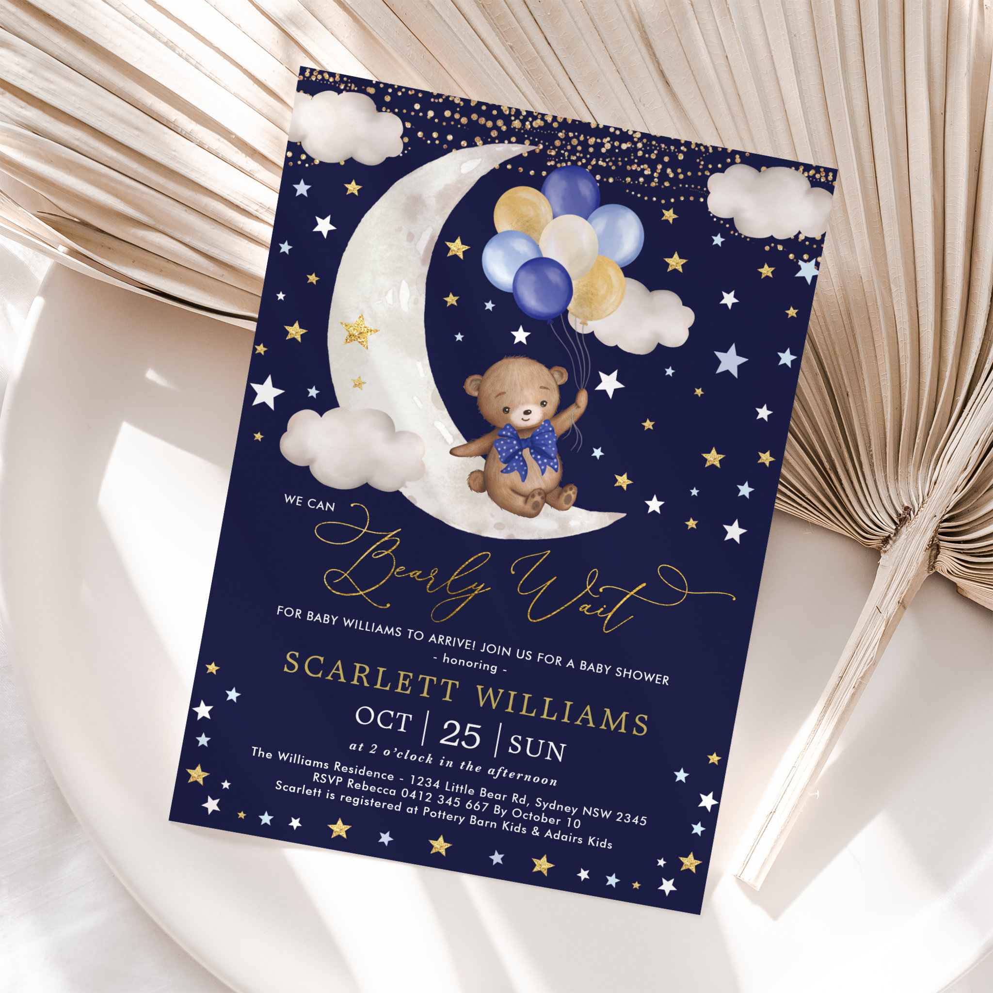 We Can Bearly Wait Navy Gold Bear Baby Boy Shower Invitation