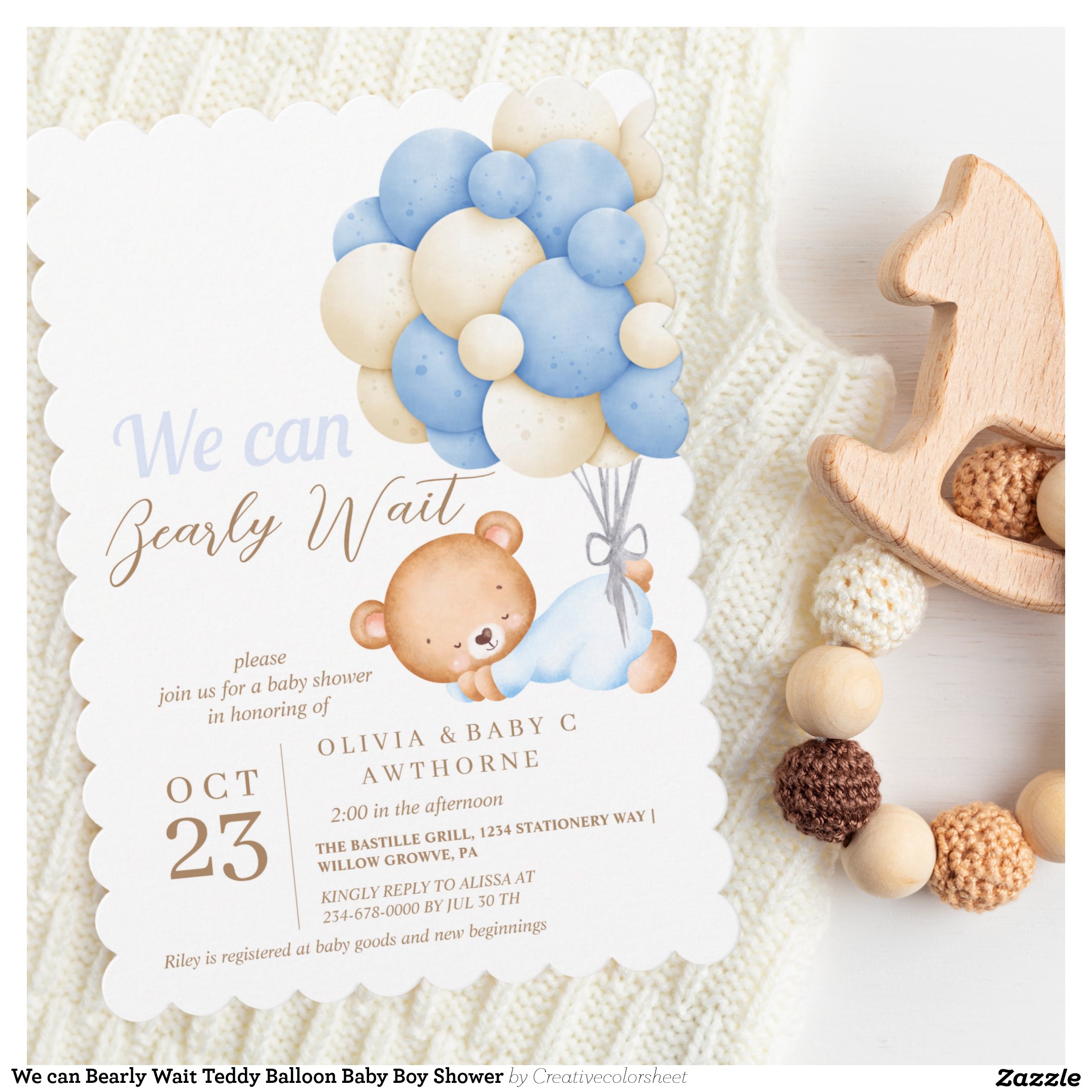 We can Bearly Wait Teddy Balloon Baby Boy Shower Invitation