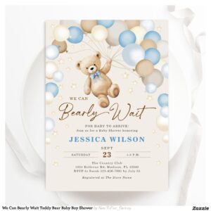 We Can Bearly Wait Teddy Bear Baby Boy Shower Invitation
