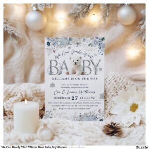 We Can Bearly Wait Winter Bear Baby Boy Shower Invitation