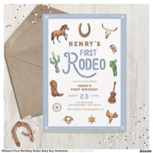 Western First Birthday Rodeo Baby Boy Invitation