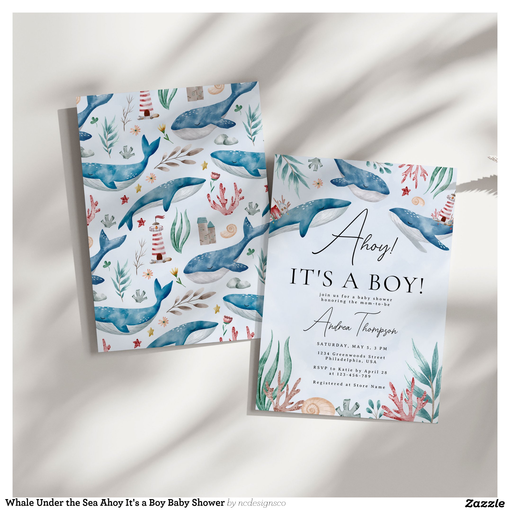 Whale Under the Sea Ahoy It's a Boy Baby Shower Invitation