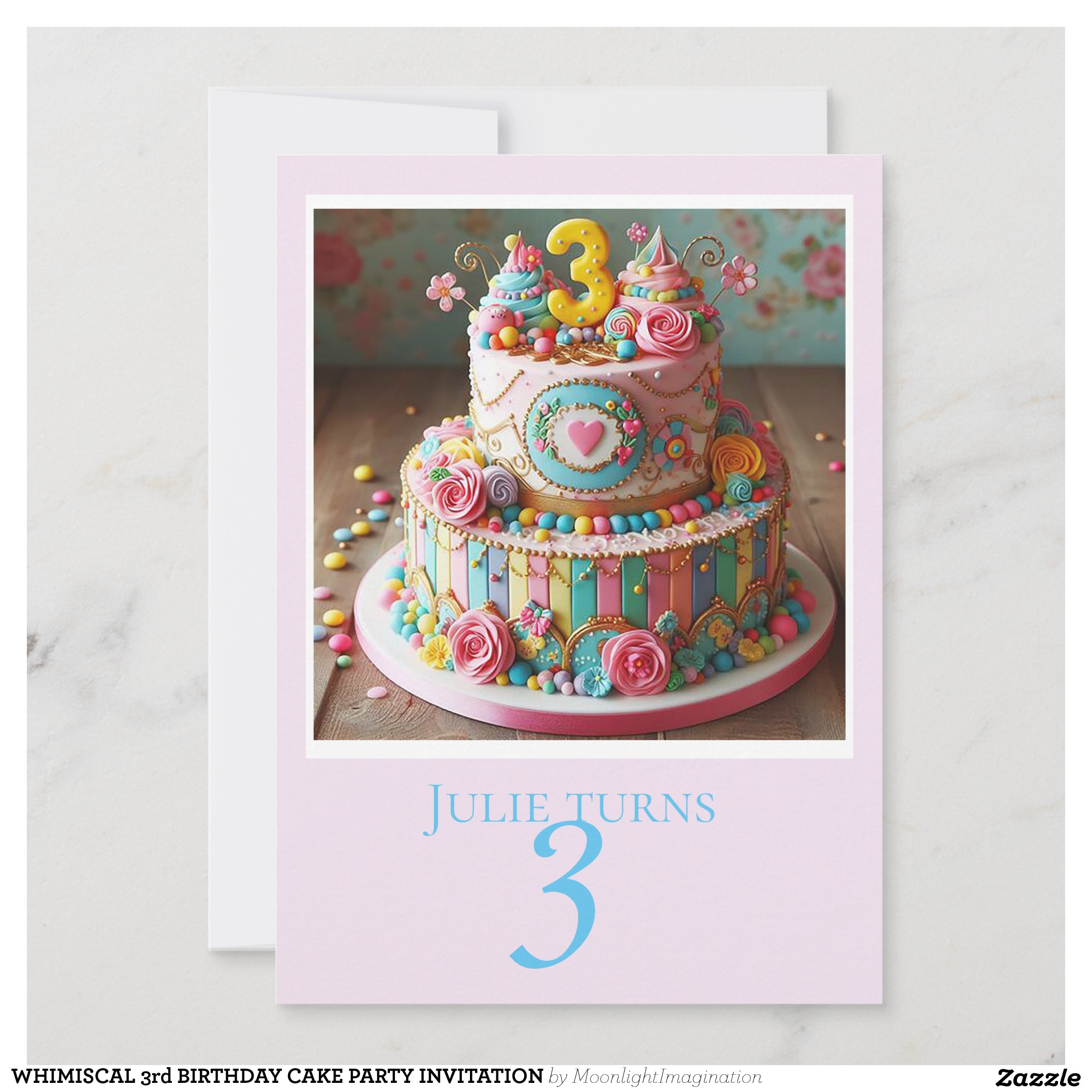 WHIMISCAL 3rd BIRTHDAY CAKE PARTY INVITATION