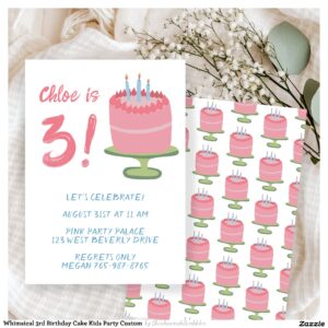 Whimsical 3rd Birthday Cake Kids Party Custom Invitation