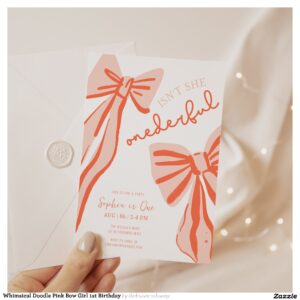 Whimsical Doodle Pink Bow Girl 1st Birthday Invitation