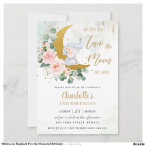 Whimsical Elephant Two the Moon 2nd Birthday Invitation
