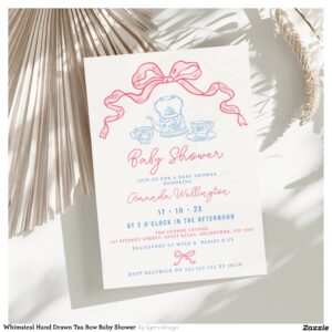 Whimsical Hand Drawn Tea Bow Baby Shower Invitation