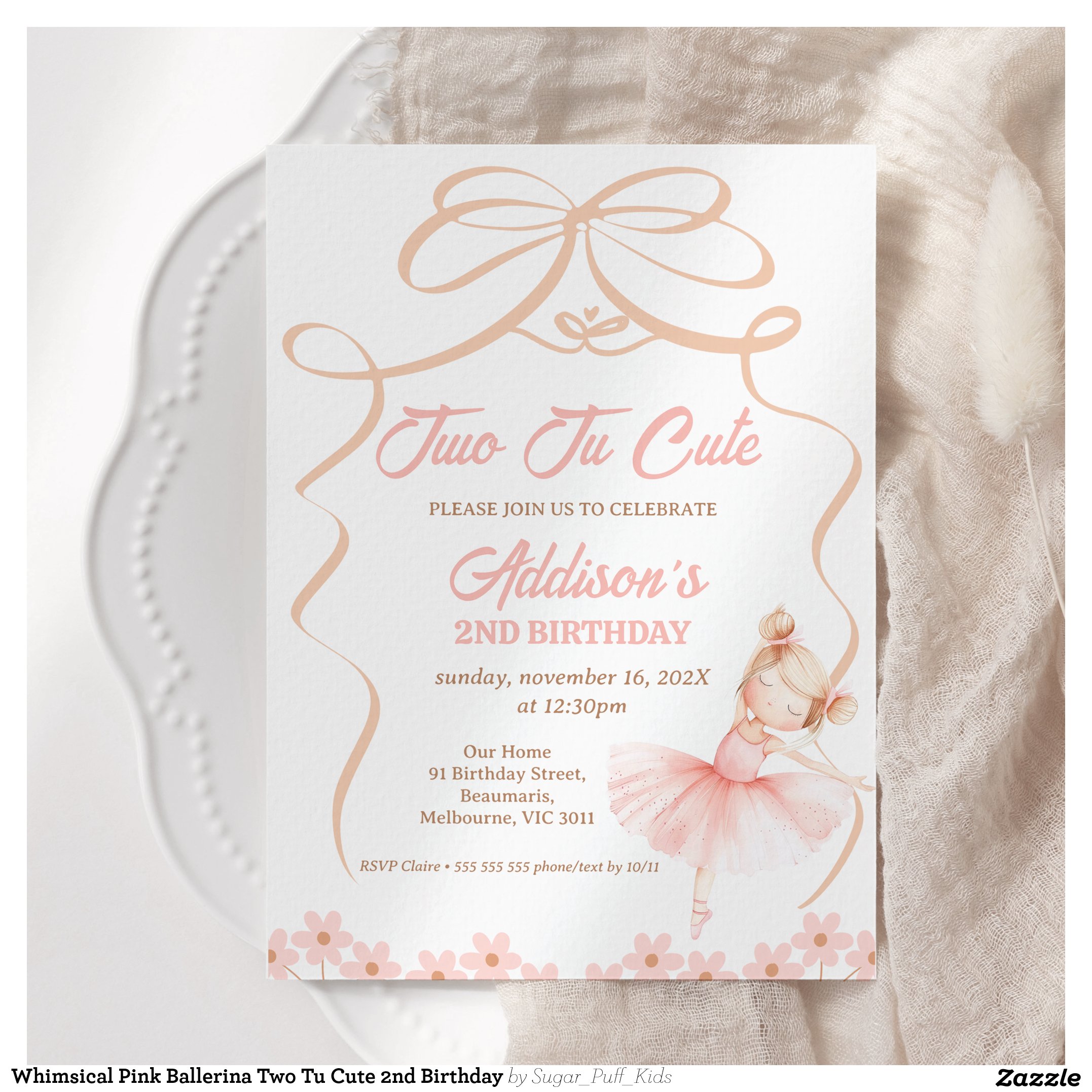 Whimsical Pink Ballerina Two Tu Cute 2nd Birthday Invitation