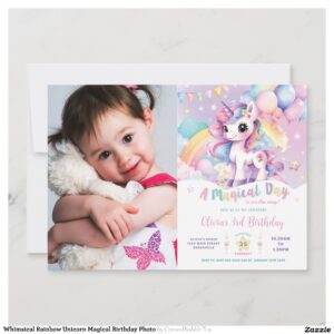 Whimsical Rainbow Unicorn Magical Birthday Photo Invitation