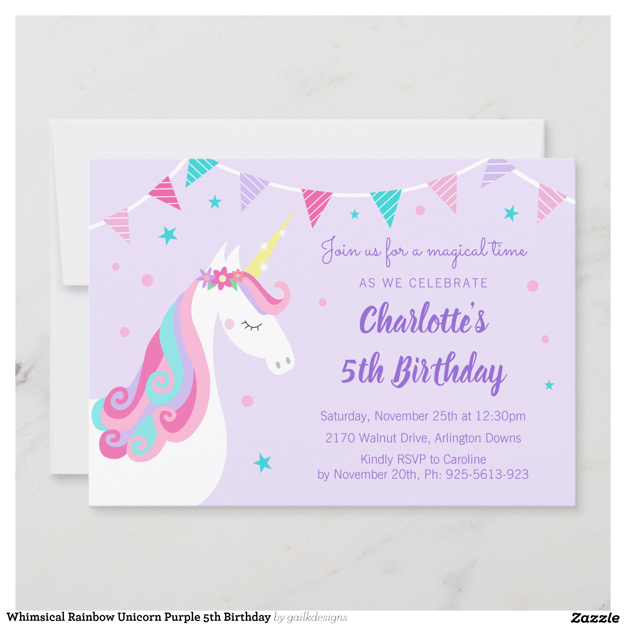 Whimsical Rainbow Unicorn Purple 5th Birthday Invitation
