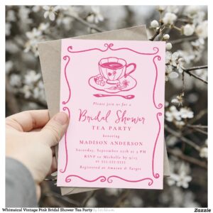 Whimsical Vintage Pink Bridal Shower Tea Party Invitation