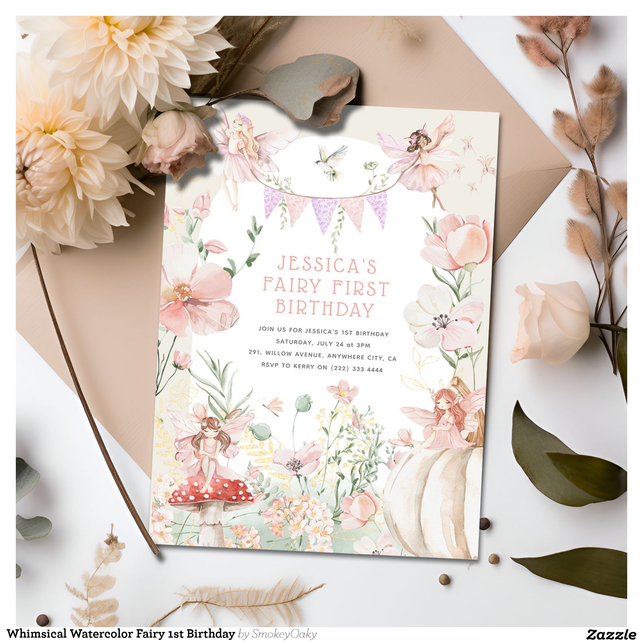 Whimsical Watercolor Fairy 1st Birthday Invitation
