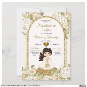White and Gold Boho Mexican Floral Girl Tres Anos Invitation