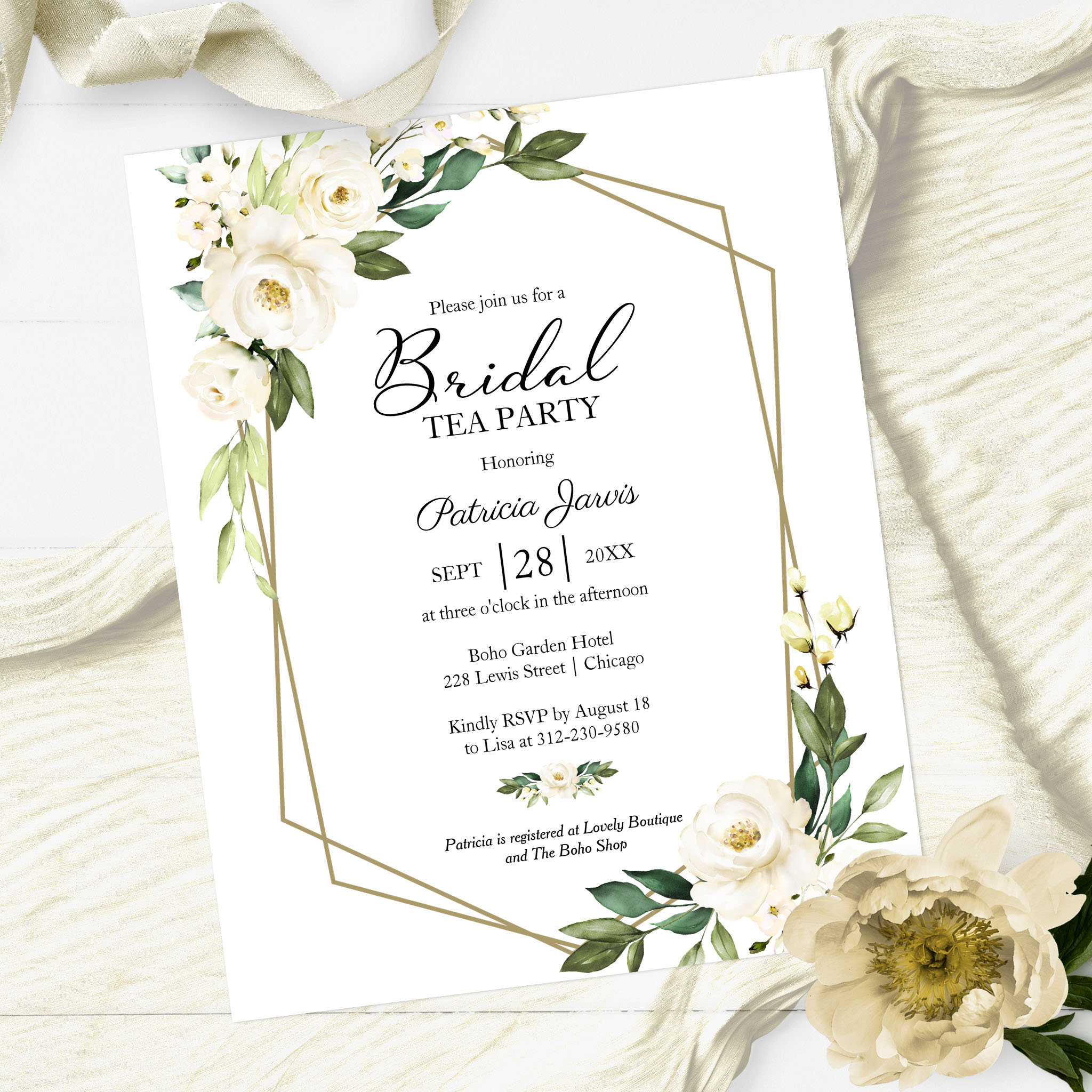 White Floral Bridal Tea Party Budget Invitation