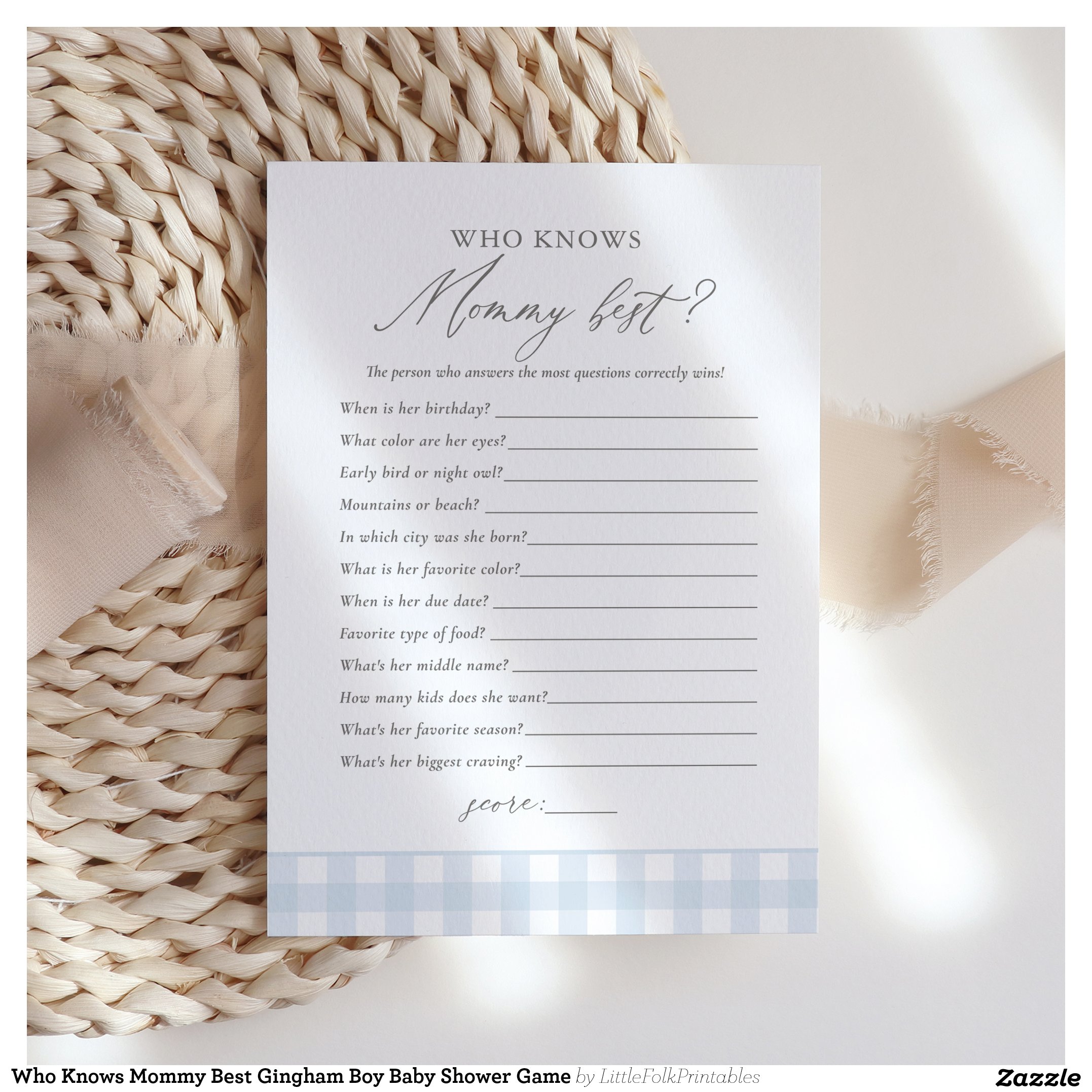 Who Knows Mommy Best Gingham Boy Baby Shower Game Invitation