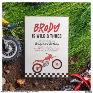 Wild and Three Red Dirt Bike Boy 3rd Birthday Invitation