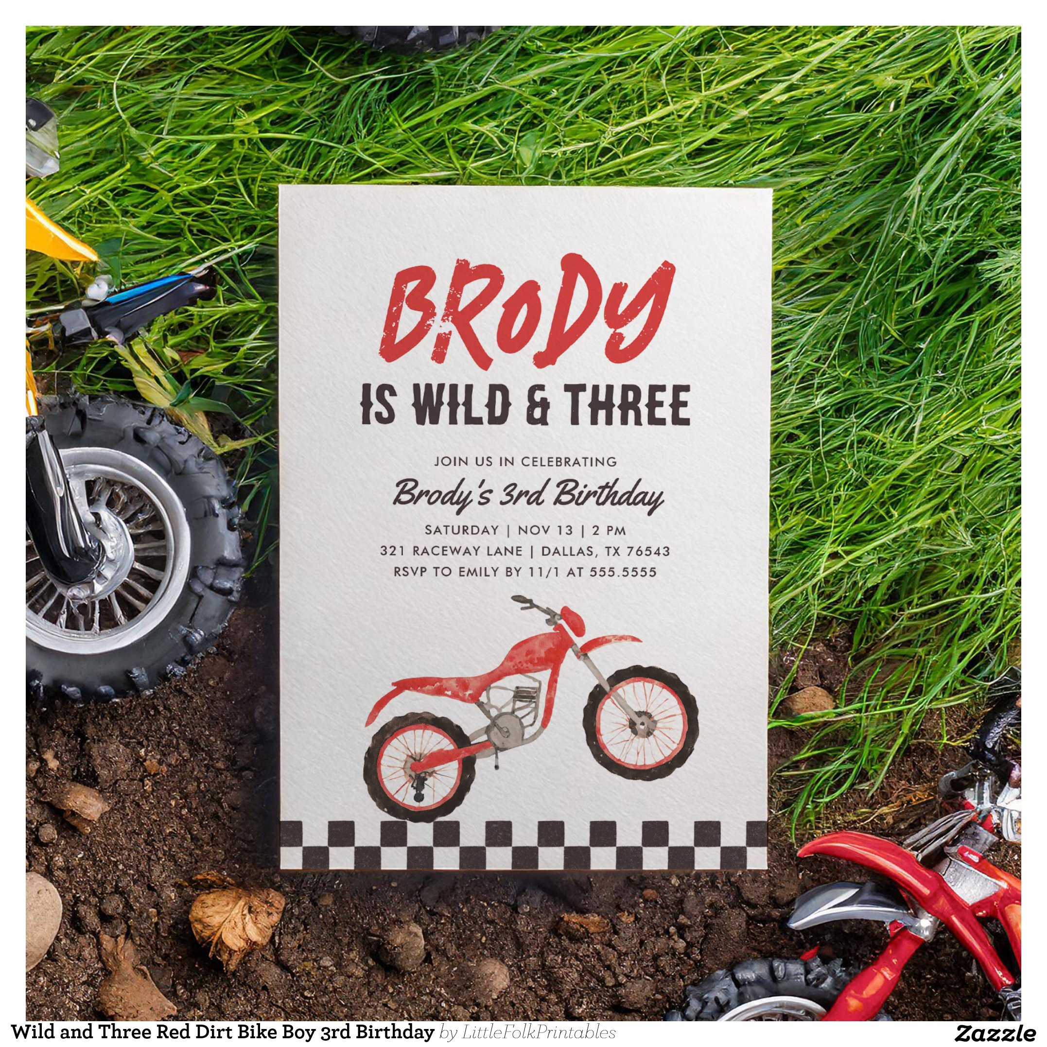 Wild and Three Red Dirt Bike Boy 3rd Birthday Invitation