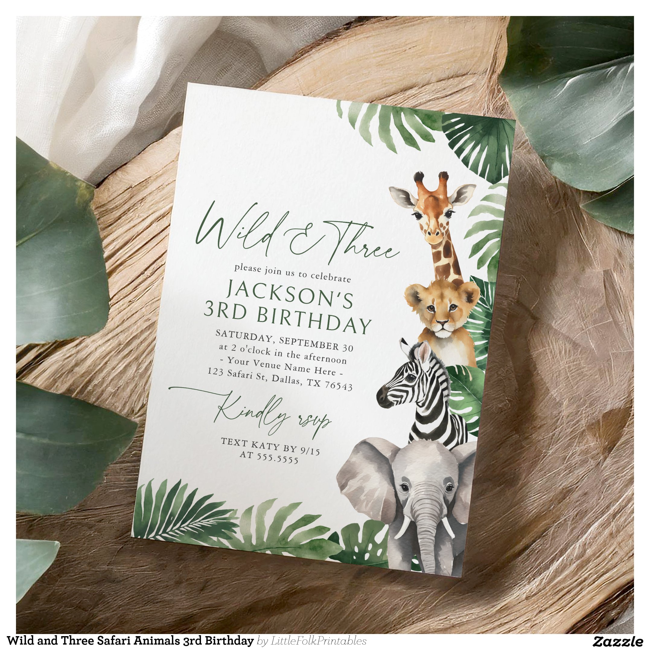 Wild and Three Safari Animals 3rd Birthday Invitation