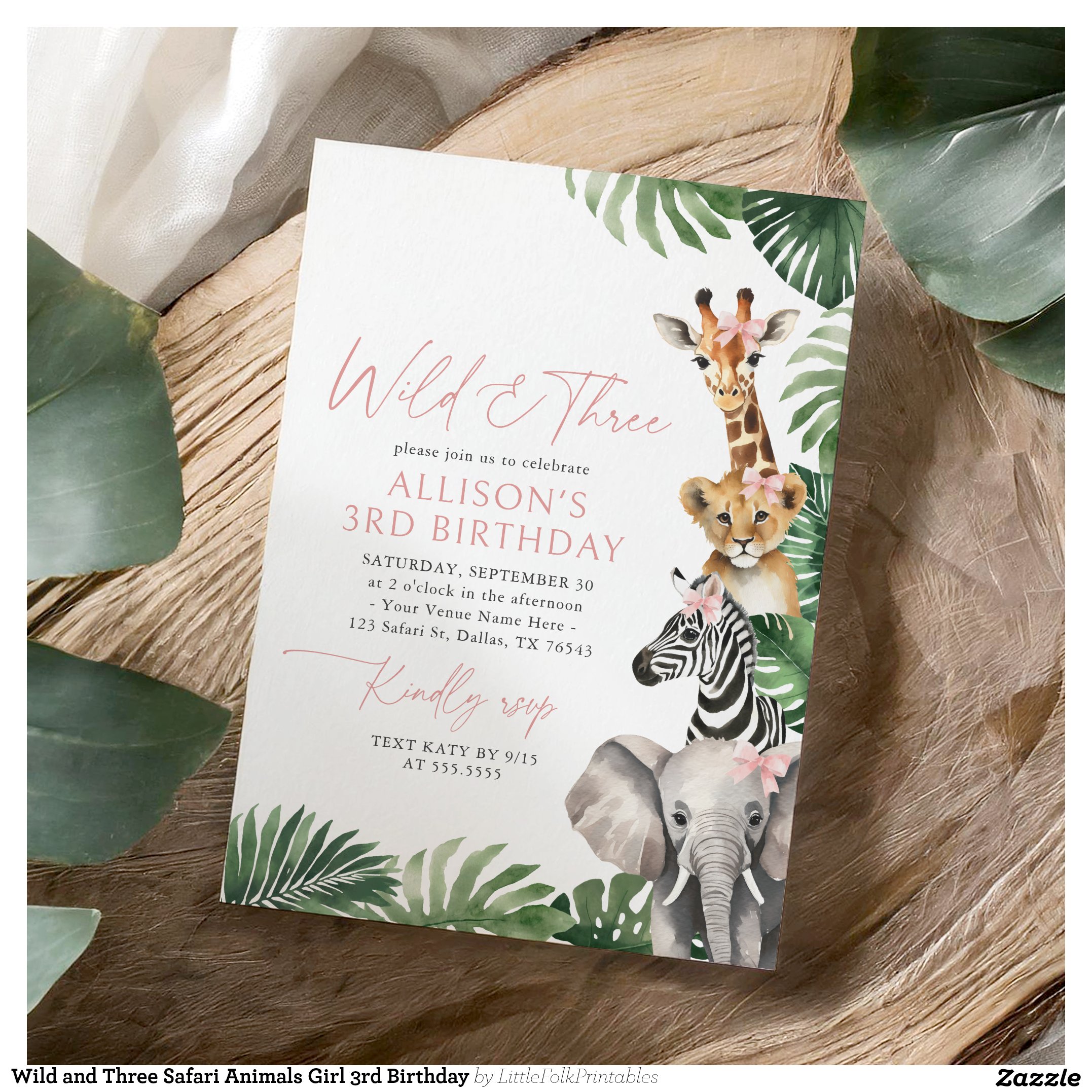 Wild and Three Safari Animals Girl 3rd Birthday Invitation