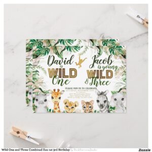 Wild One and Three Combined Zoo 1st 3rd Birthday Invitation