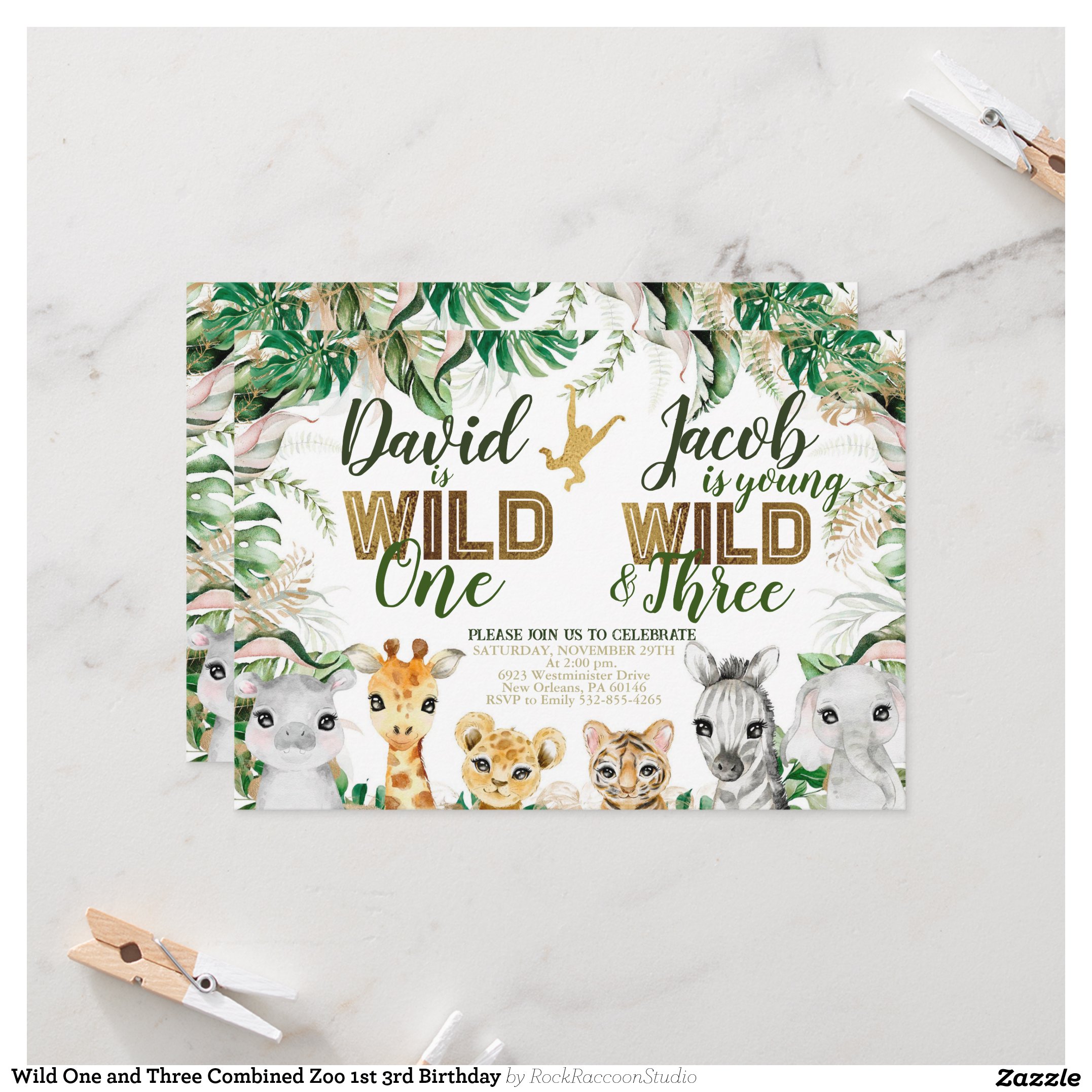 Wild One and Three Combined Zoo 1st 3rd Birthday Invitation