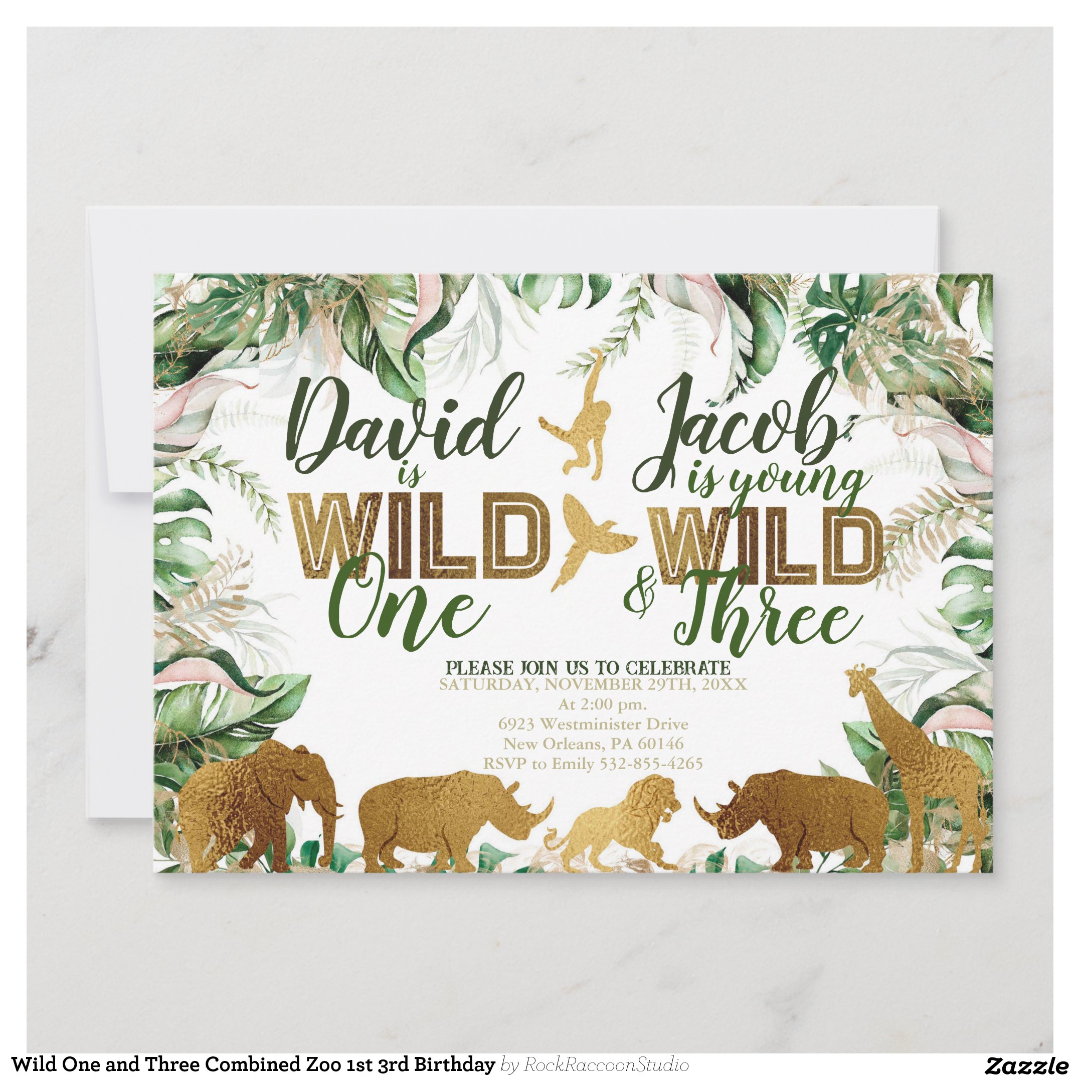 Wild One and Three Combined Zoo 1st 3rd Birthday Invitation
