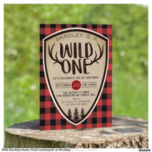 Wild One Boys Rustic Plaid Lumberjack 1st Birthday Invitation