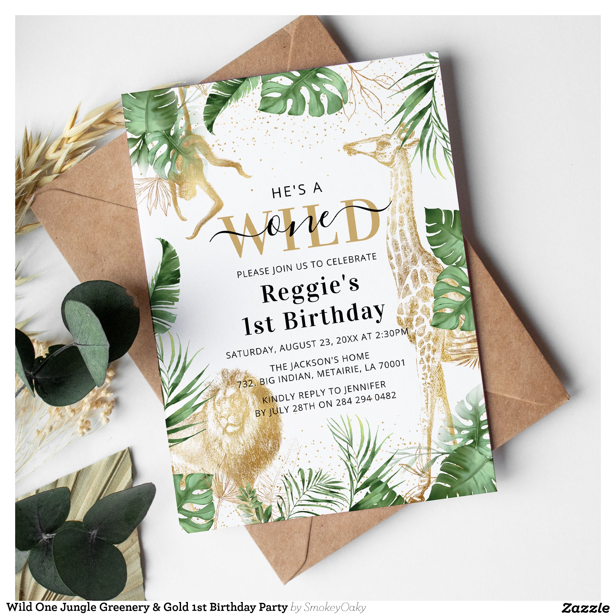 Wild One Jungle Greenery & Gold 1st Birthday Party Invitation