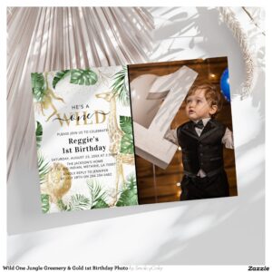 Wild One Jungle Greenery & Gold 1st Birthday Photo Invitation