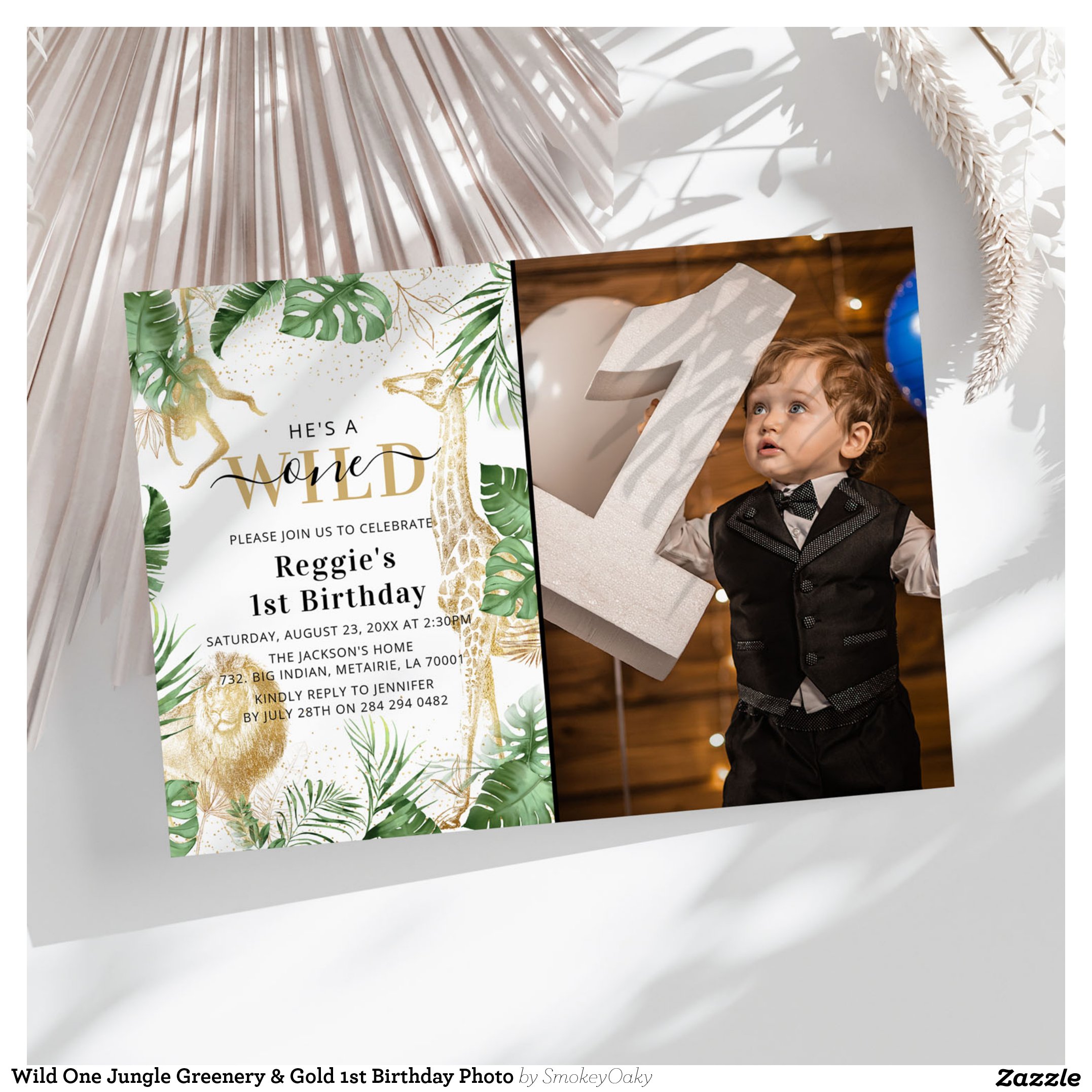 Wild One Jungle Greenery & Gold 1st Birthday Photo Invitation