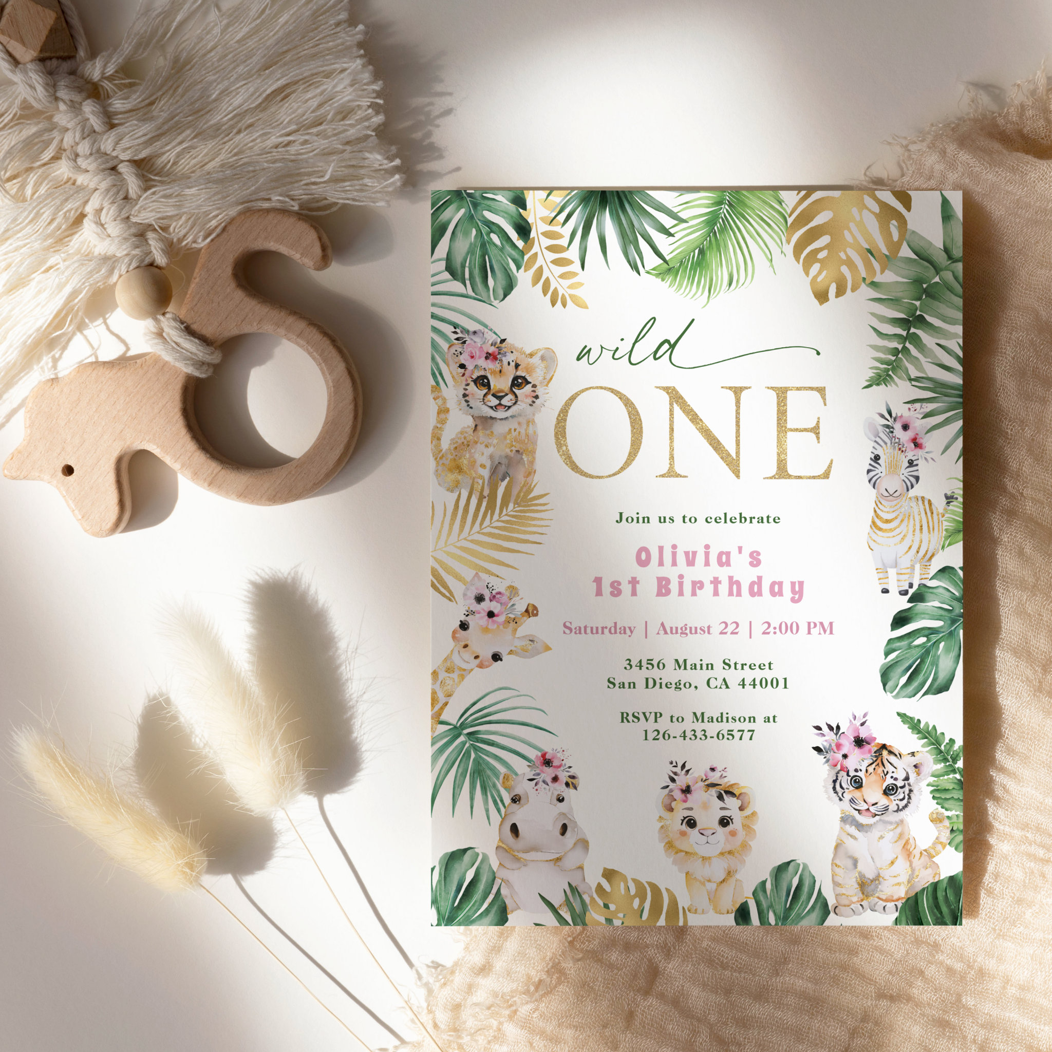 Wild One Jungle Safari Animal Gold 1st Birthday Invitation