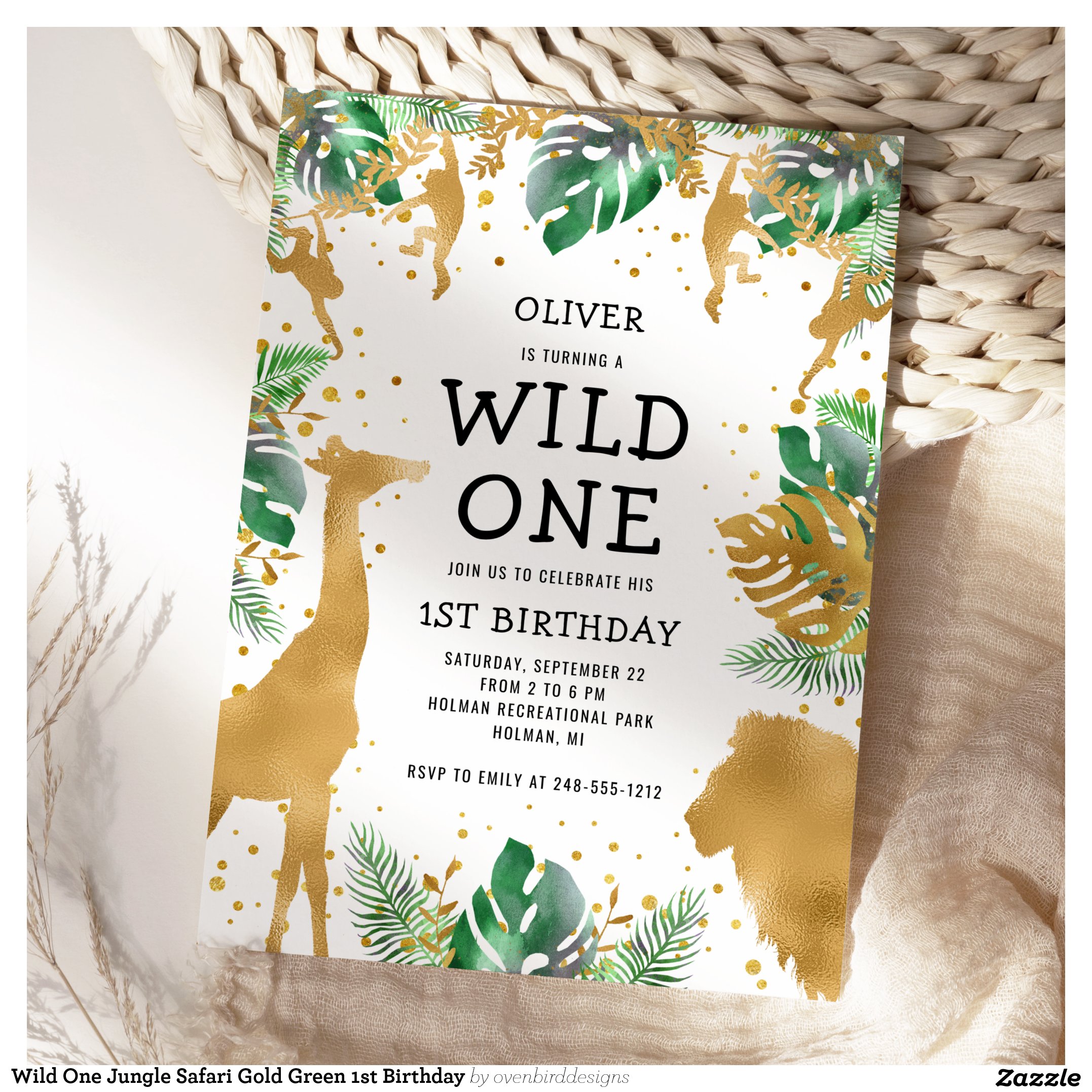 Wild One Jungle Safari Gold Green 1st Birthday Invitation