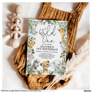 Wild One Jungle Safari Greenery 1st Birthday Boy Invitation