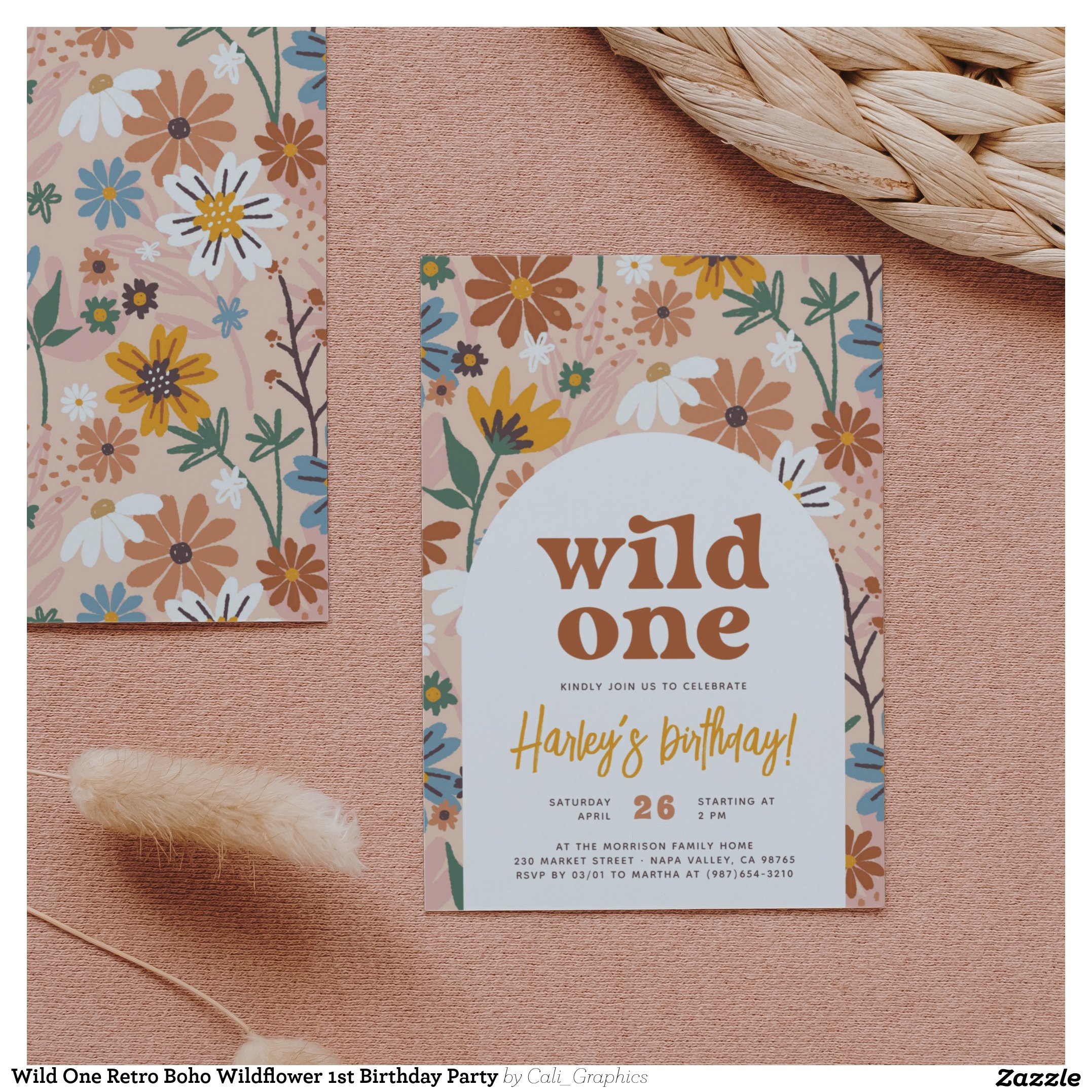 Wild One Retro Boho Wildflower 1st Birthday Party Invitation
