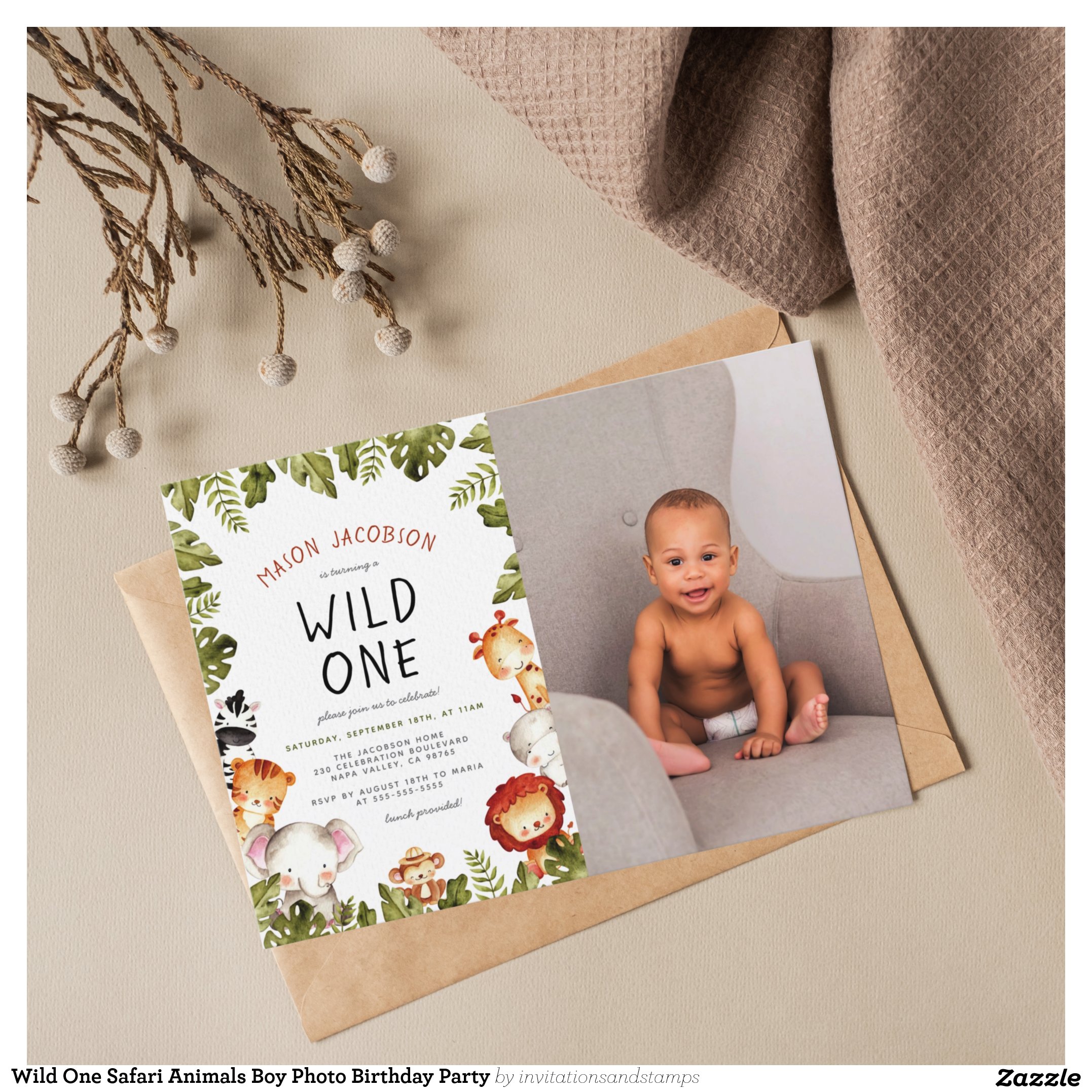 Wild One Safari Animals Boy Photo Birthday Party Invitation