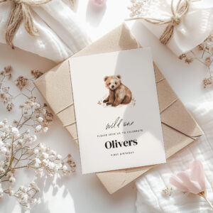 Wild one watercolor bear 1st birthday modern invitation