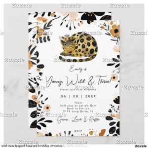 wild three leopard floral 3rd birthday invitation
