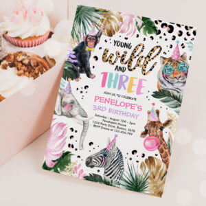 Wild & Three Leopard Print Safari Animals Birthday Invitation