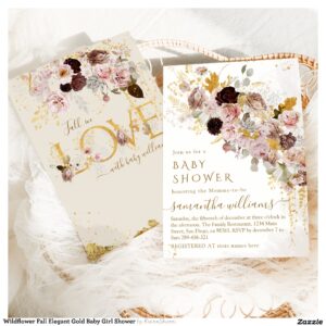Wildflower Fall Elegant Gold Baby Girl Shower Invitation