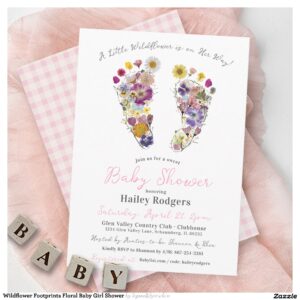 Wildflower Footprints Floral Baby Girl Shower Invitation